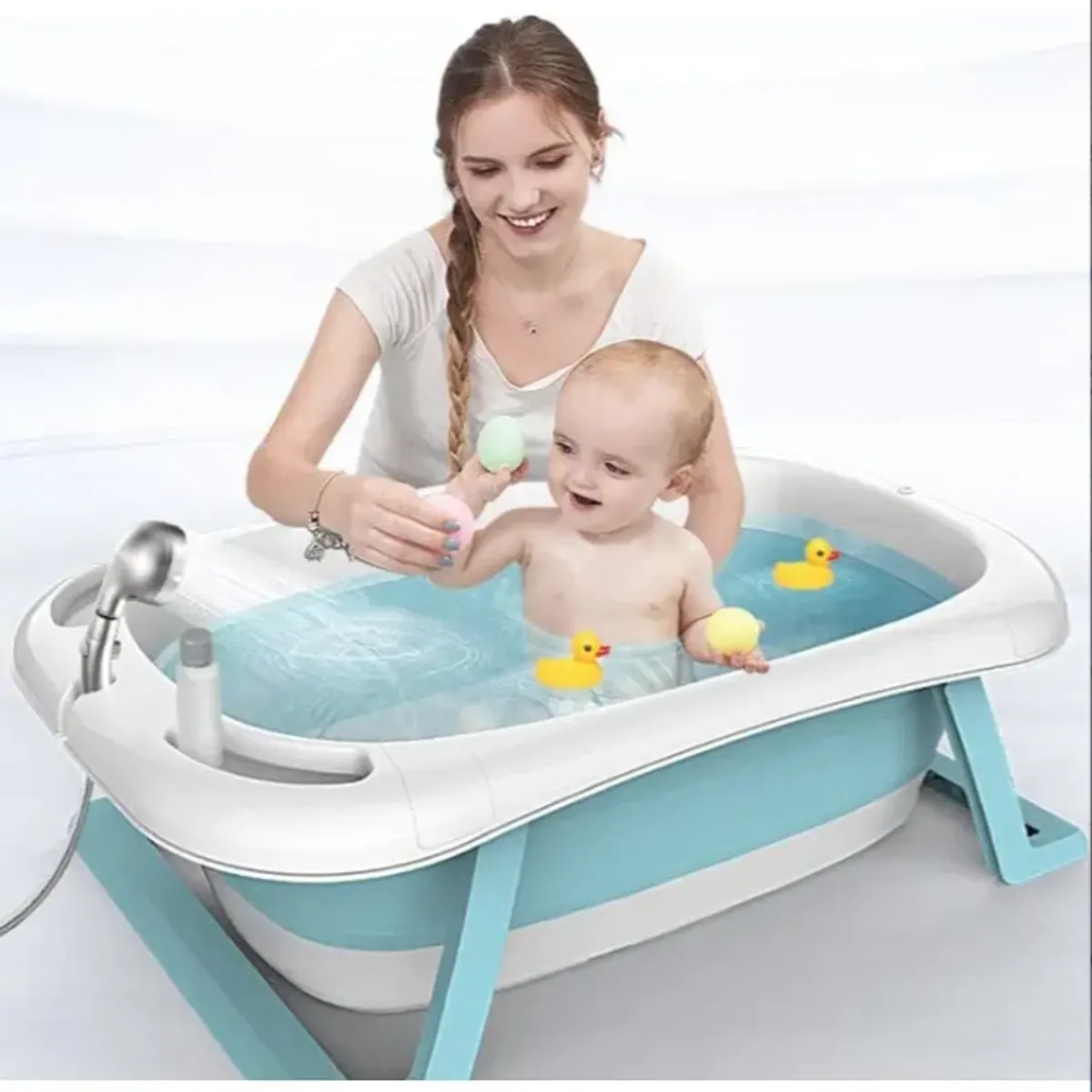 GENERICO - Bañera Plegable Para Bebés + Termómetro + Hamaca Comoda Celeste