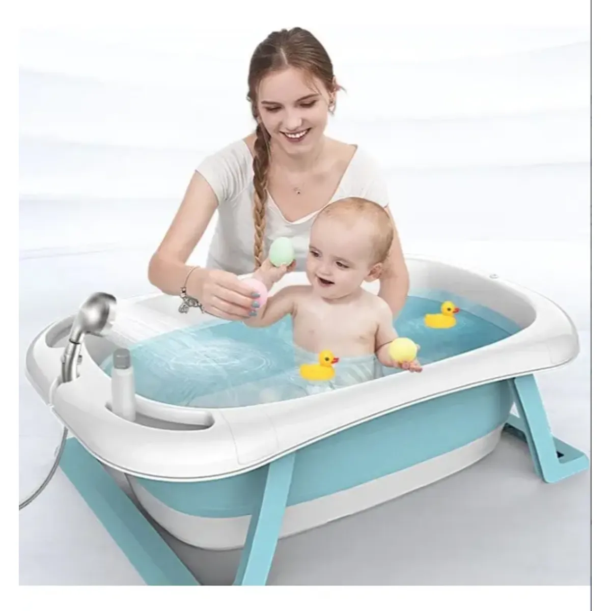 GENERICO - Bañera Plegable Para Bebés + Termómetro + Hamaca Comoda Celeste