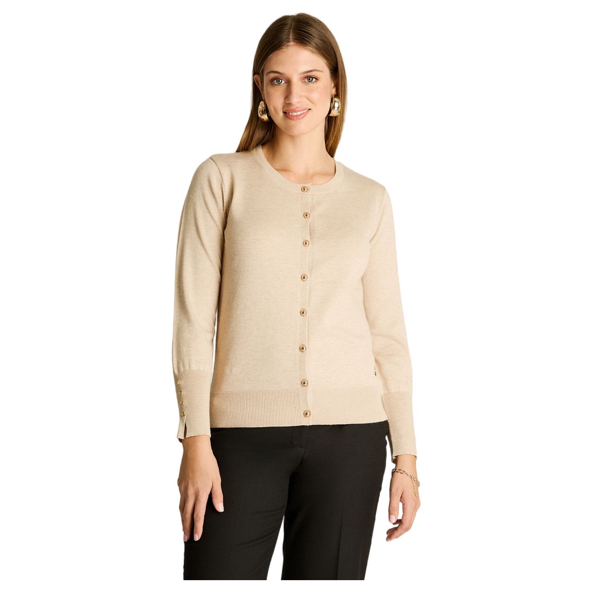 LORENZO DI PONTTI - Cardigan Beige Cuello Redondo con Botones Frontales y en Manga