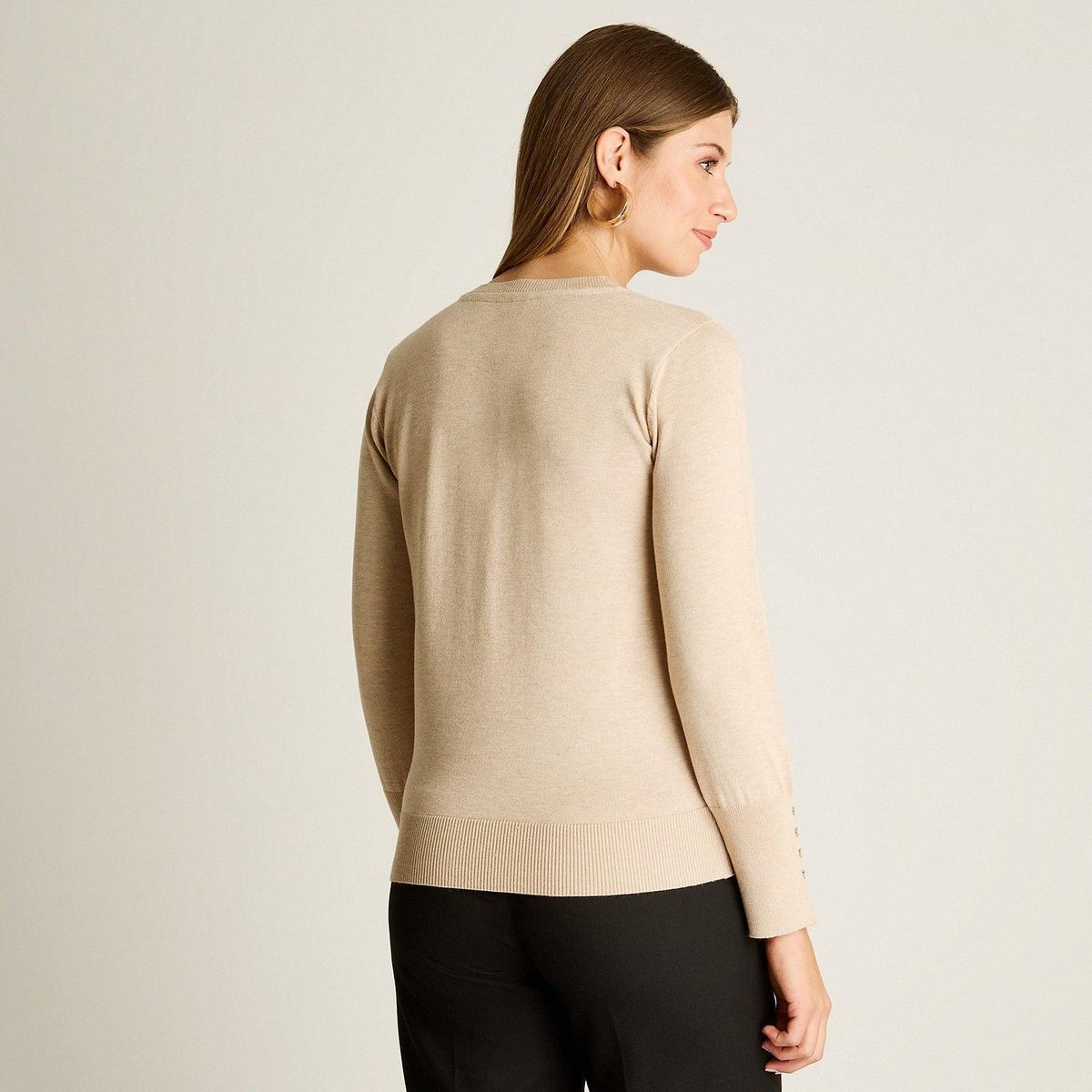 LORENZO DI PONTTI - Cardigan Beige Cuello Redondo con Botones Frontales y en Manga