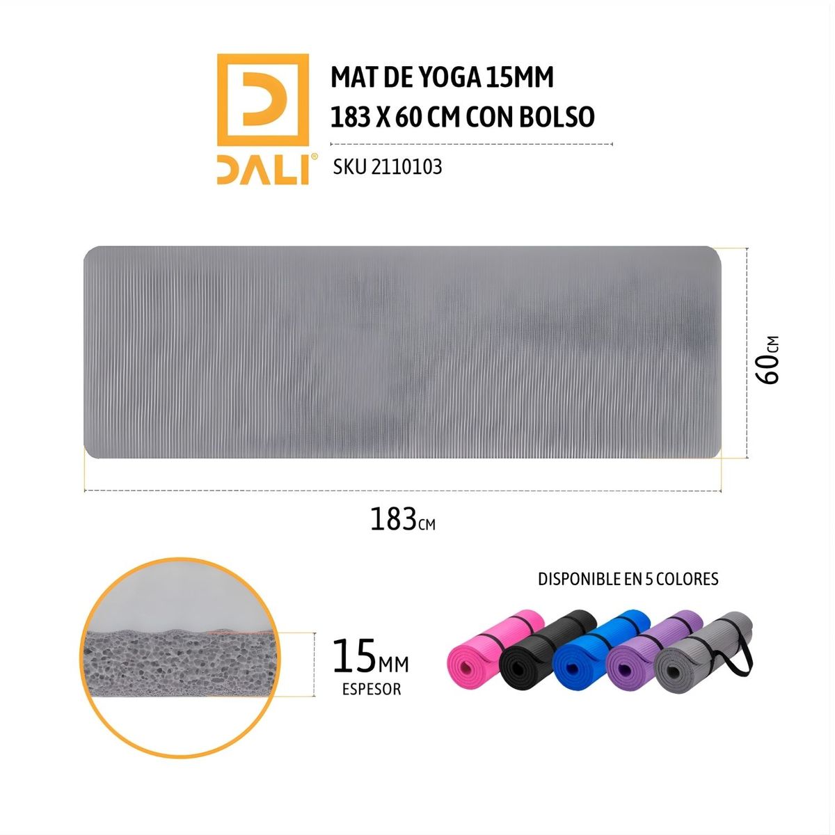 DALI - Mat de Yoga 15mm Antideslizante Extra Grueso 183x60 cm con Bolso Color Gris