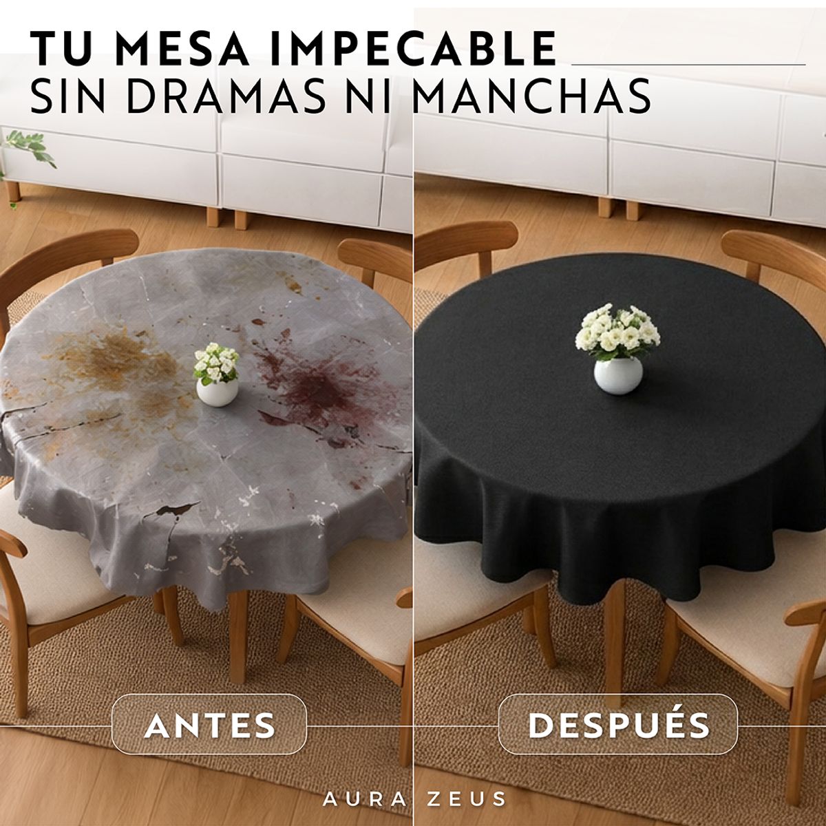 AZ AURAZEUS - Mantel De Mesa Redondo Tela Hule Antimancha Impermeable Negro Az