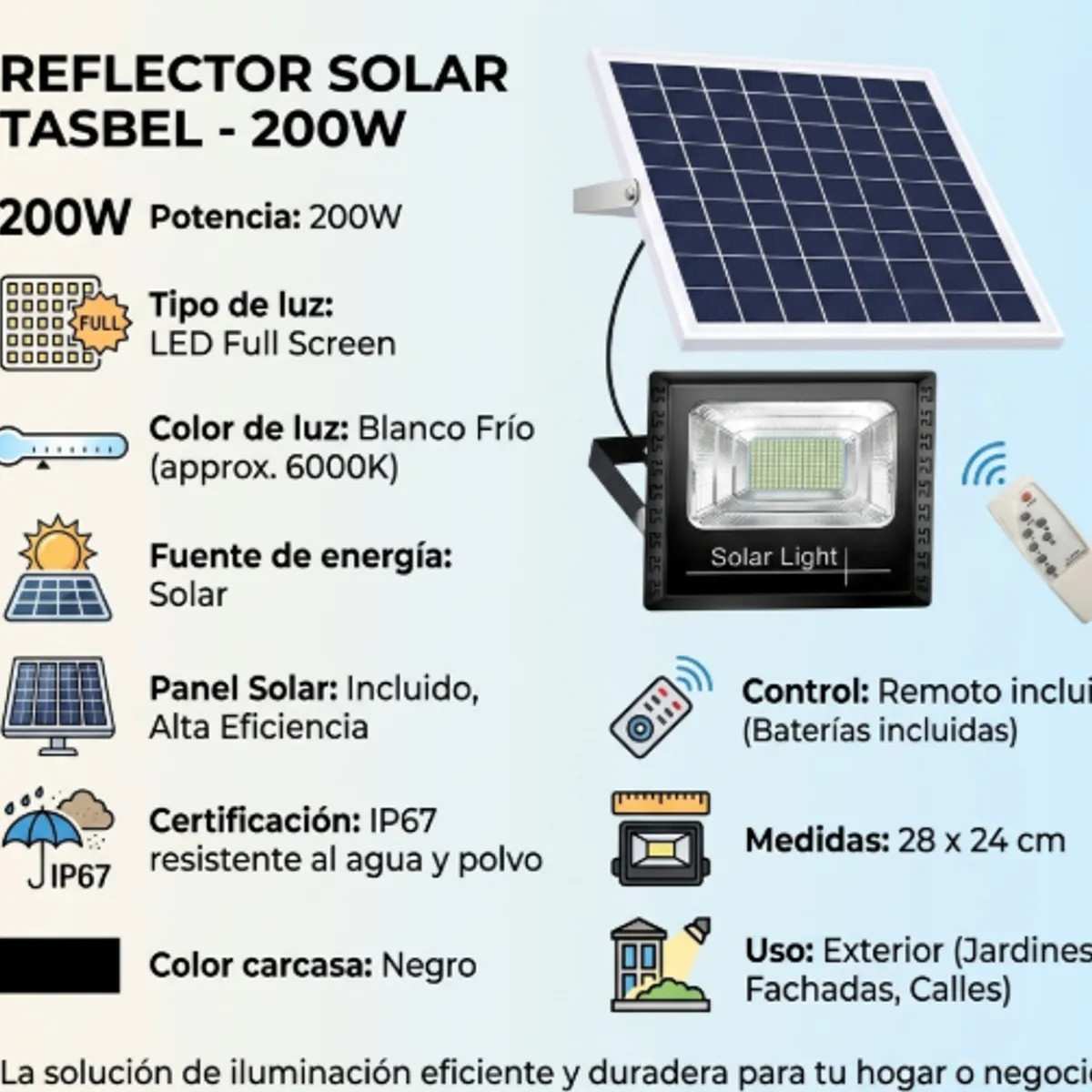TASBEL - Foco Solar LED 200W Exterior Panel Solar Control Remoto IP67 Negro Luz Blanco Frio 28x24cm Tasbel