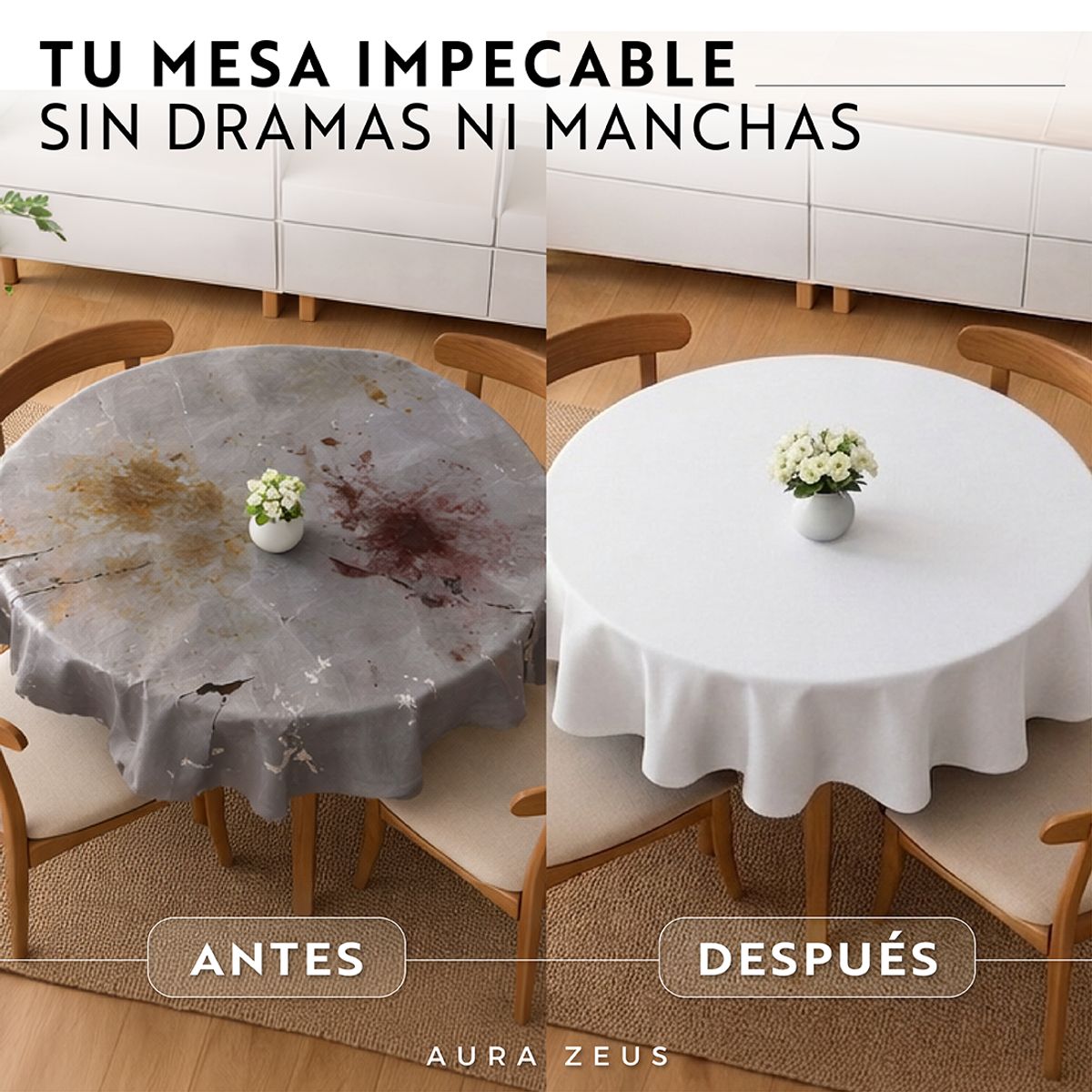 AZ AURAZEUS - Mantel De Mesa Redondo Tela Hule Antimancha Impermeable Blanco Az