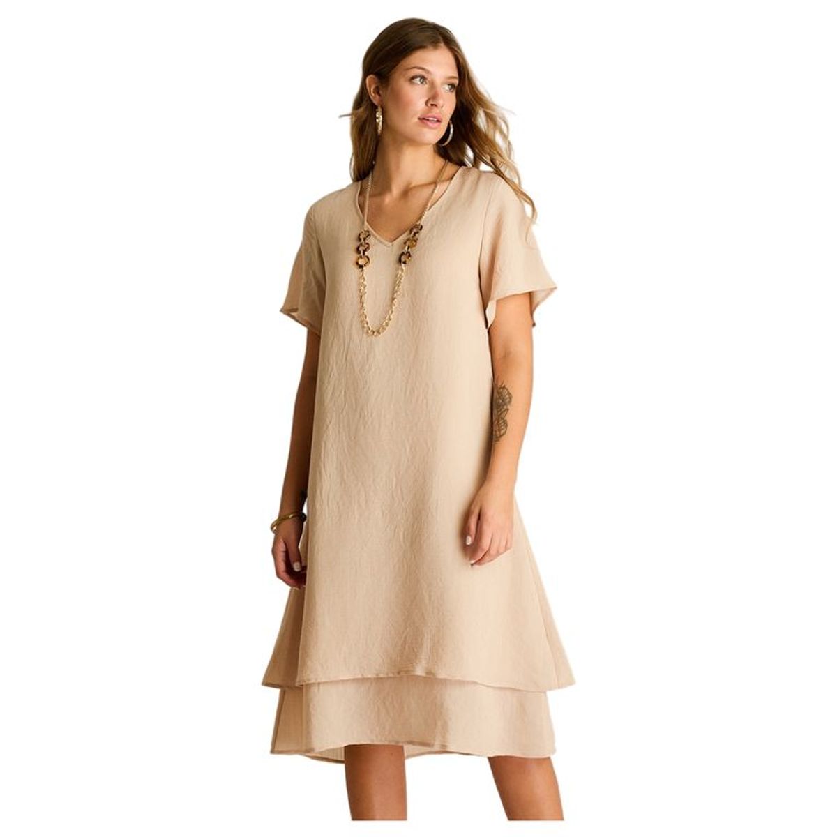 LORENZO DI PONTTI - Vestido Midi Beige Con Collar