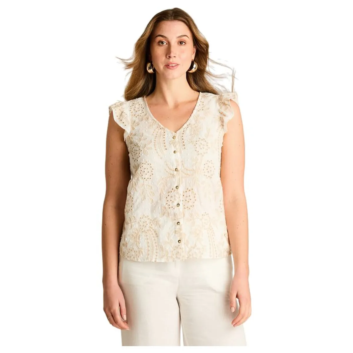 LORENZO DI PONTTI - Blusa Beige Broderie con Volantes