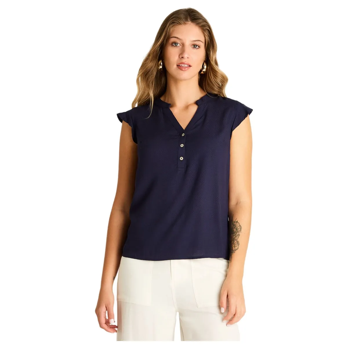 LORENZO DI PONTTI - Blusa Azul Manga Corta No Elasticado Sin Forro Calce Normal