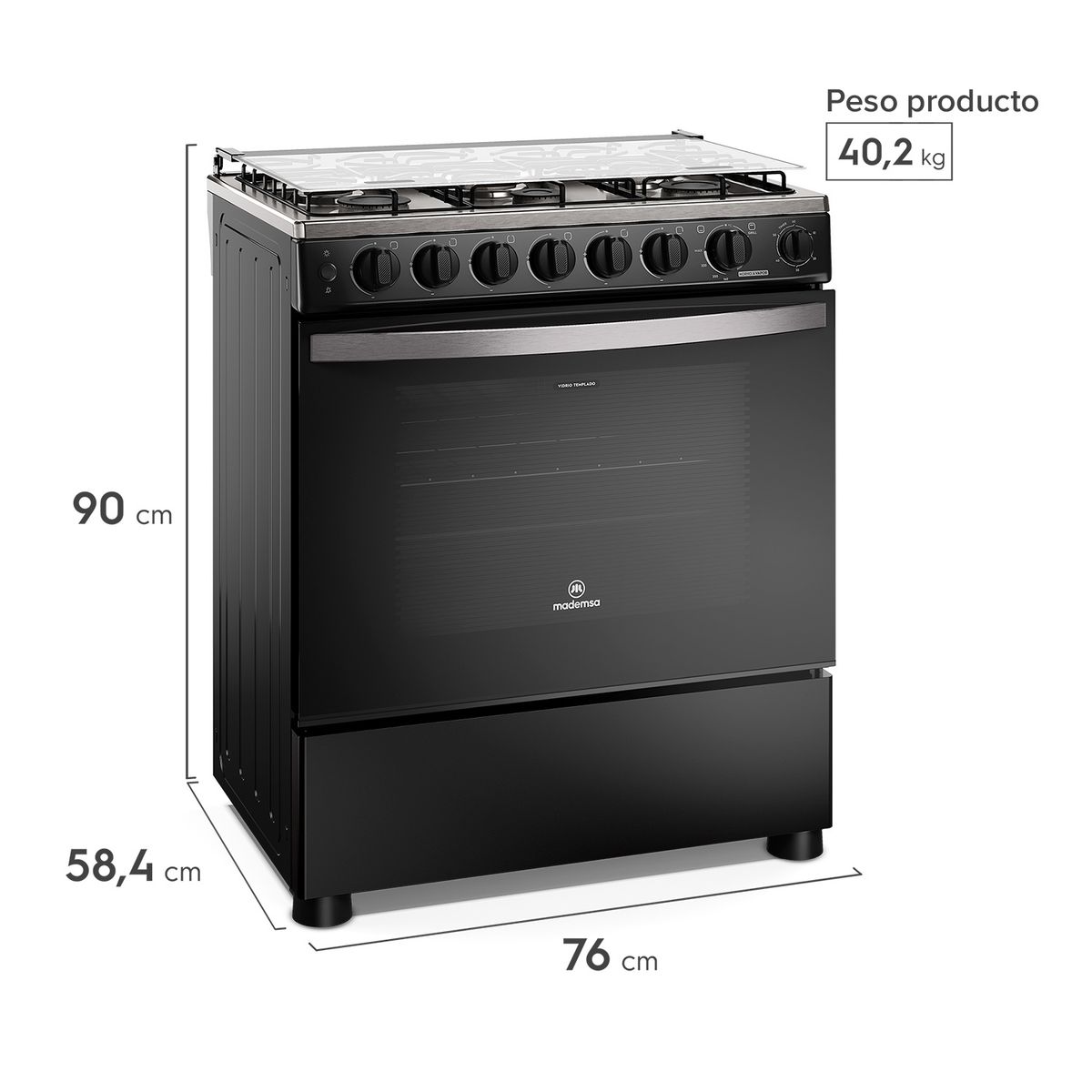 MADEMSA - Cocina a Gas 6 Platos Horno Vapor y Parrilla Pletina FM6SPC Negra