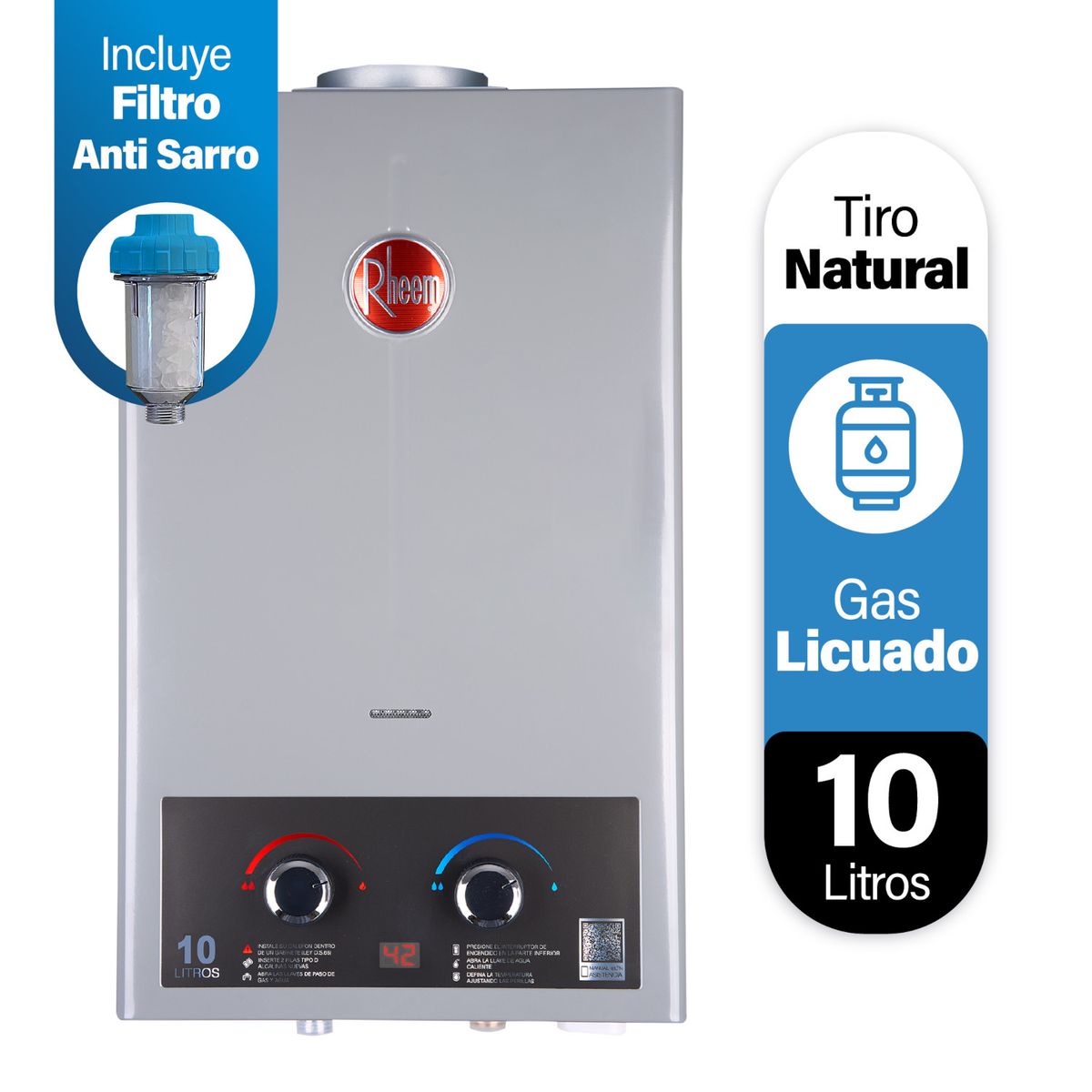 RHEEM - Calefont 10 litros Gas Licuado Tiro Natural Rheem