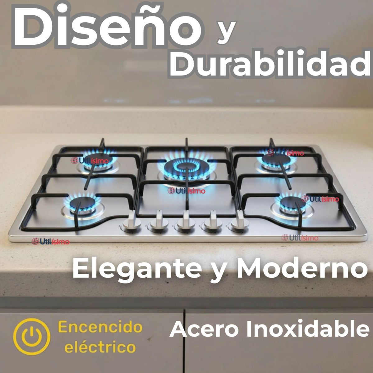 LINE - Cocina Encimera Gas Licuado 5 Platos Acero Inoxidable + Kit de Instalación