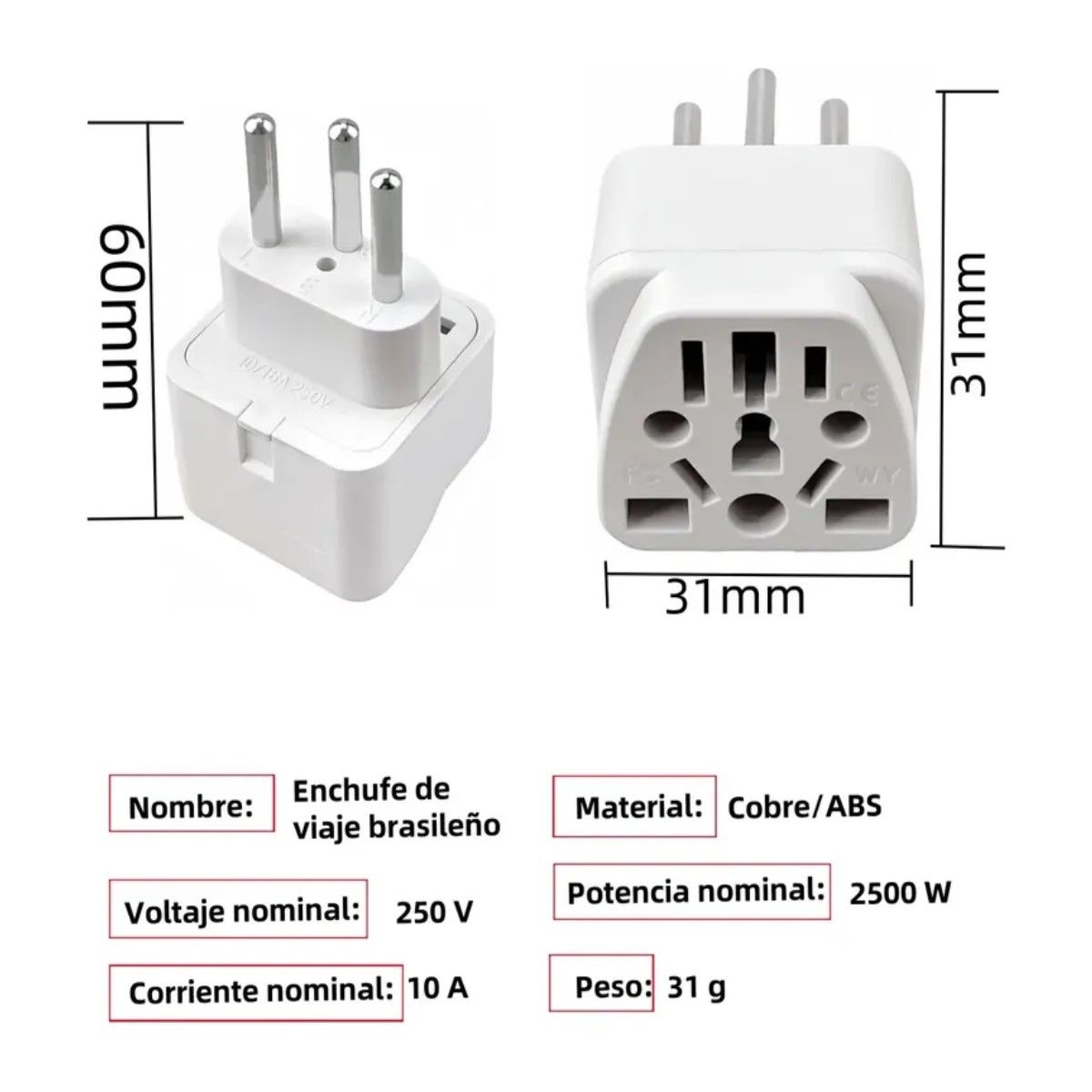 Adaptador De Enchufe Universal Para Viaje A Brasil, 3 Pines. BELUG, marca GENERICO - Foto 2
