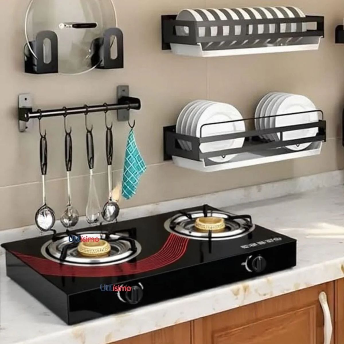 LINE - Cocina Encimera a Gas Licuado Vidrio 2 Platos Cocinilla Negro