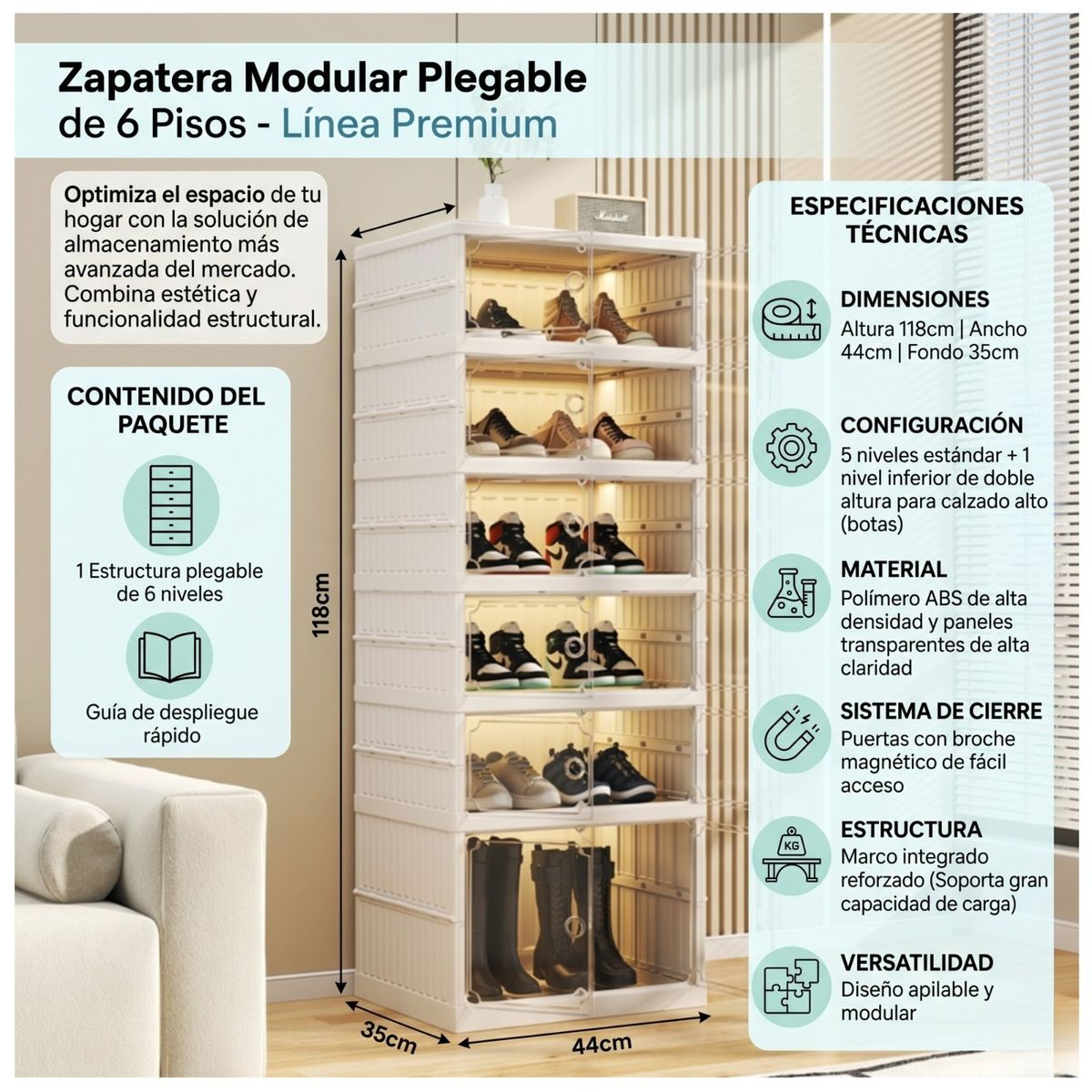 GENERICO - Organizador de Zapatos Premium de 6 Niveles - Plegable, Puerta Magnética y Diseño Reforzado