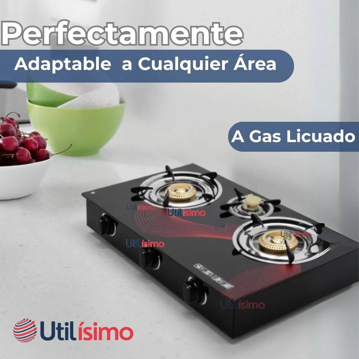 LINE - Cocina Encimera a Gas Licuado Vidrio 3 Platos Cocinilla Negra