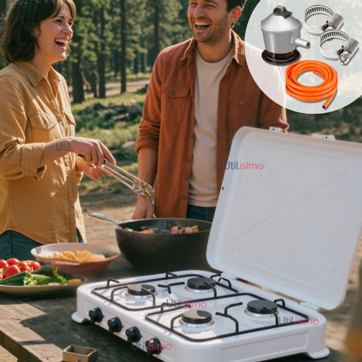 LINE - Cocina Encimera a Gas Licuado 4 Platos + KIT de Instalación Cocinilla Blanco