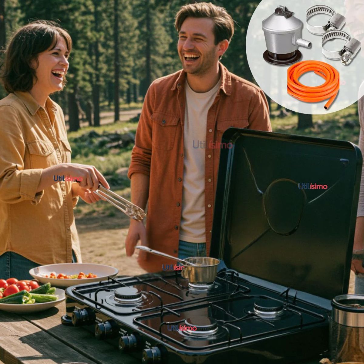 LINE - Cocina Encimera a Gas Licuado 4 Platos + KIT de Instalación Cocinilla Negra