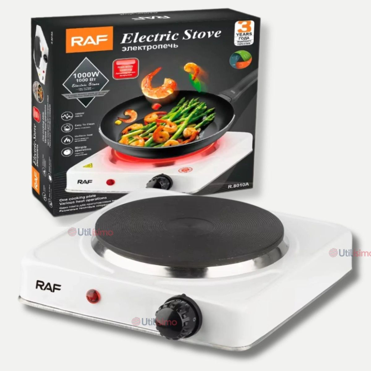 RAF - Cocina Eléctrica Portátil 1 Plato 1000W de Potencia Cocinilla Blanca