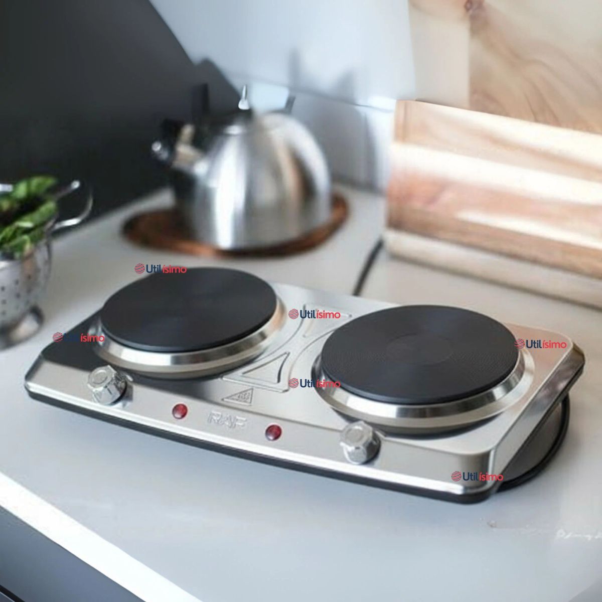 RAF - Cocina Eléctrica Portátil 2 Platos 2000W de Potencia Acero Inoxidable