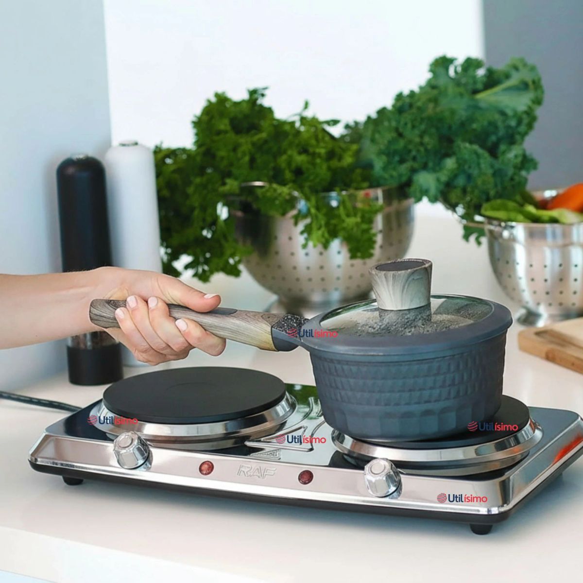 RAF - Cocina Eléctrica Portátil 2 Platos 2000W de Potencia Acero Inoxidable