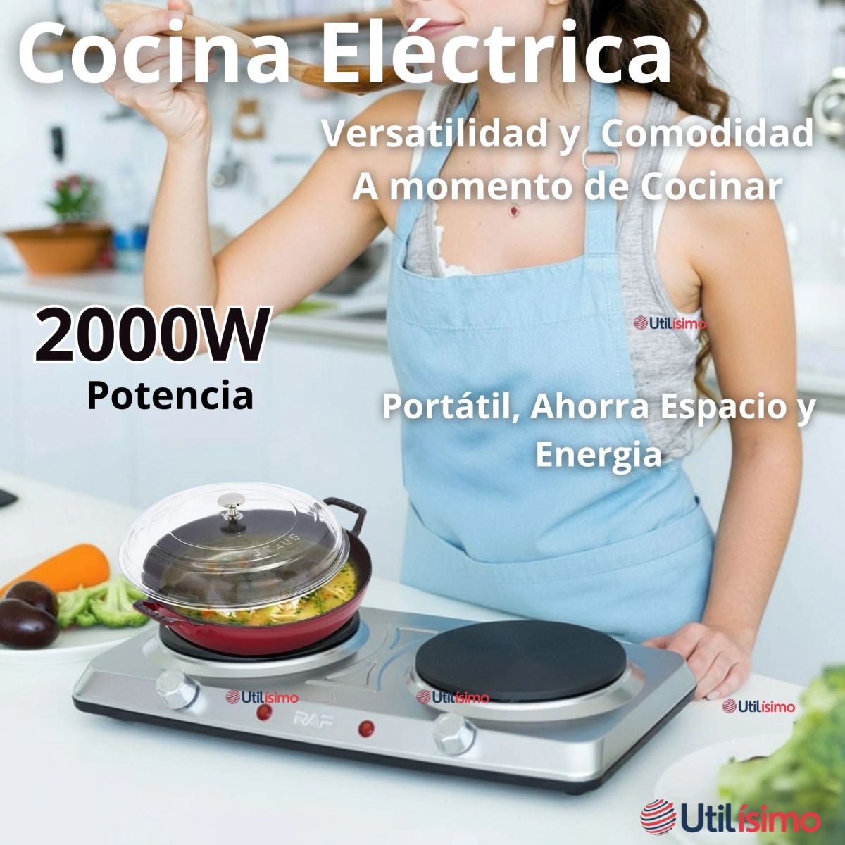 RAF - Cocina Eléctrica Portátil 2 Platos 2000W de Potencia Acero Inoxidable