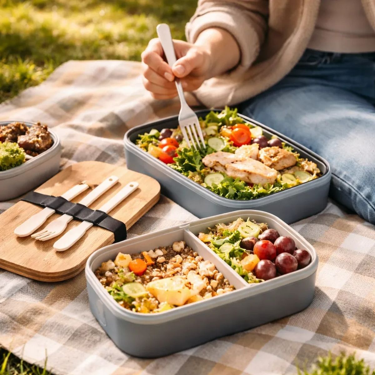BLUE MOUNTAIN - Caja De Bento Con Tapa De Bambú Y Cubiertos Eco-friendly