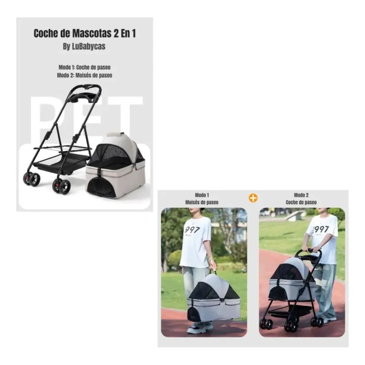 GENERICO - Coche Para Mascotas Perros Gatos 2 En 1 Gris BELUG