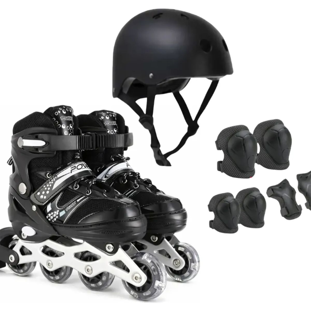 GENERICO - Kit Patines En Línea Negro S Con Casco Y Protección Con Luz