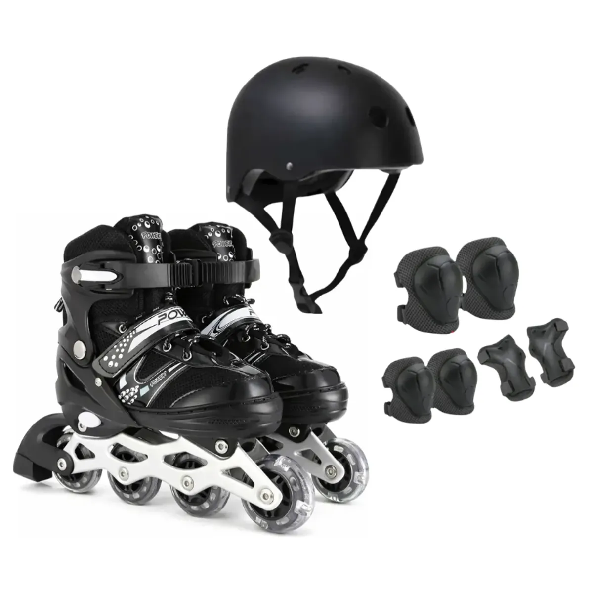 GENERICO - Kit Patines En Línea Negro S Con Casco Y Protección Con Luz