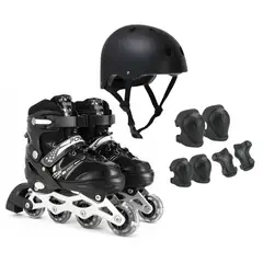 GENERICO - Kit Patines En Línea Negro S Con Casco Y Protección Con Luz
