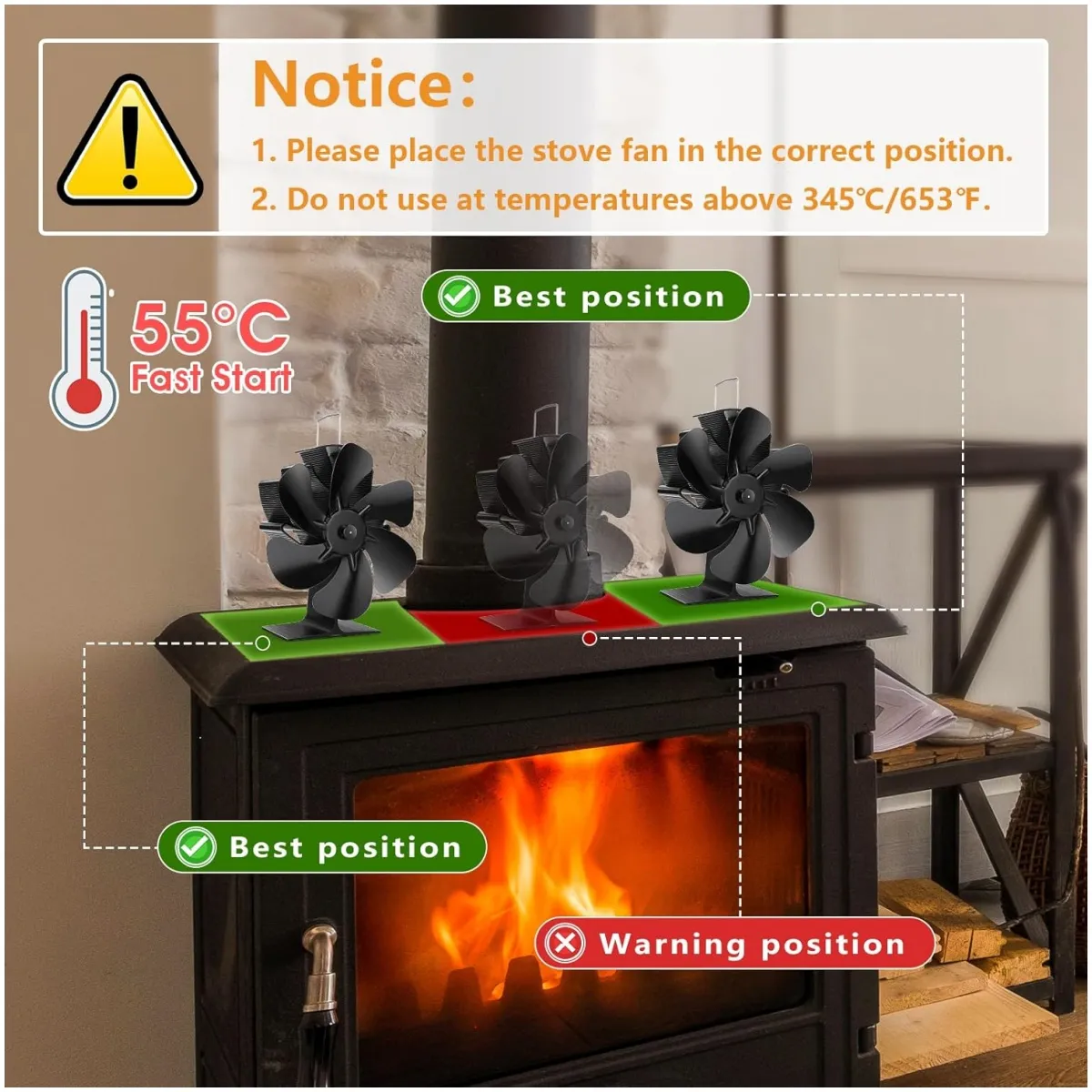 KUANGYE - Ventilador Chimenea,Ventilador Estufa De Leña 6 Aspas Alimentado Por Calor,Sin Eléctrico