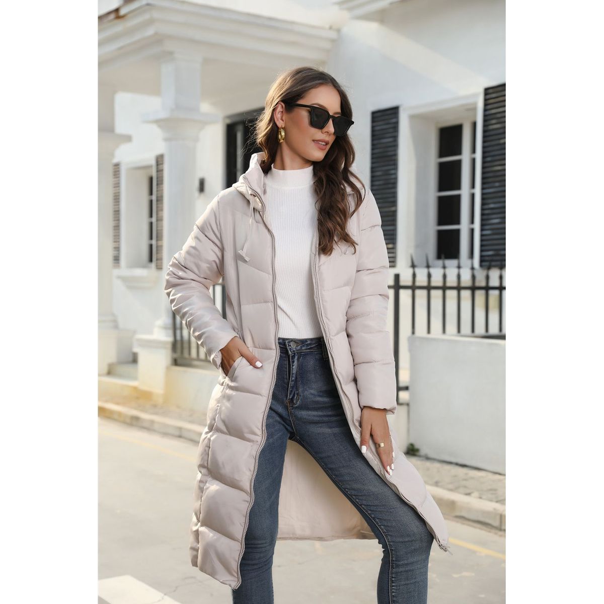 TIOZONEY - Parka Manga Larga Mujer - Beige