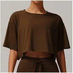 TIOZONEY - Camiseta deportiva de manga corta para mujer-Marrón