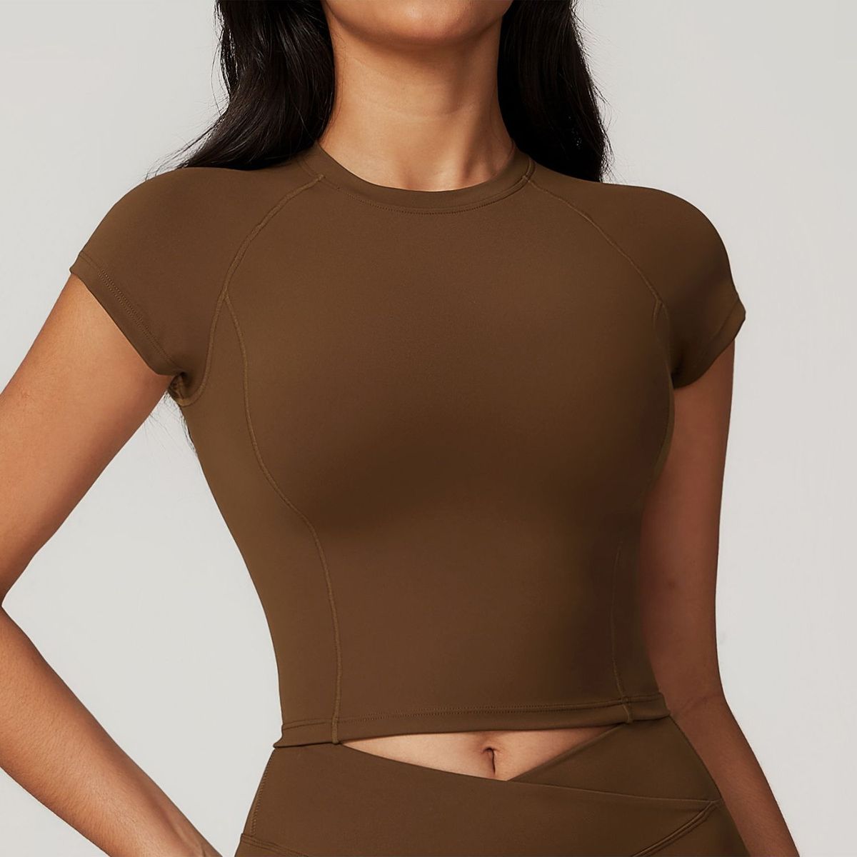 TIOZONEY - Camiseta deportiva de manga corta para mujer-Café