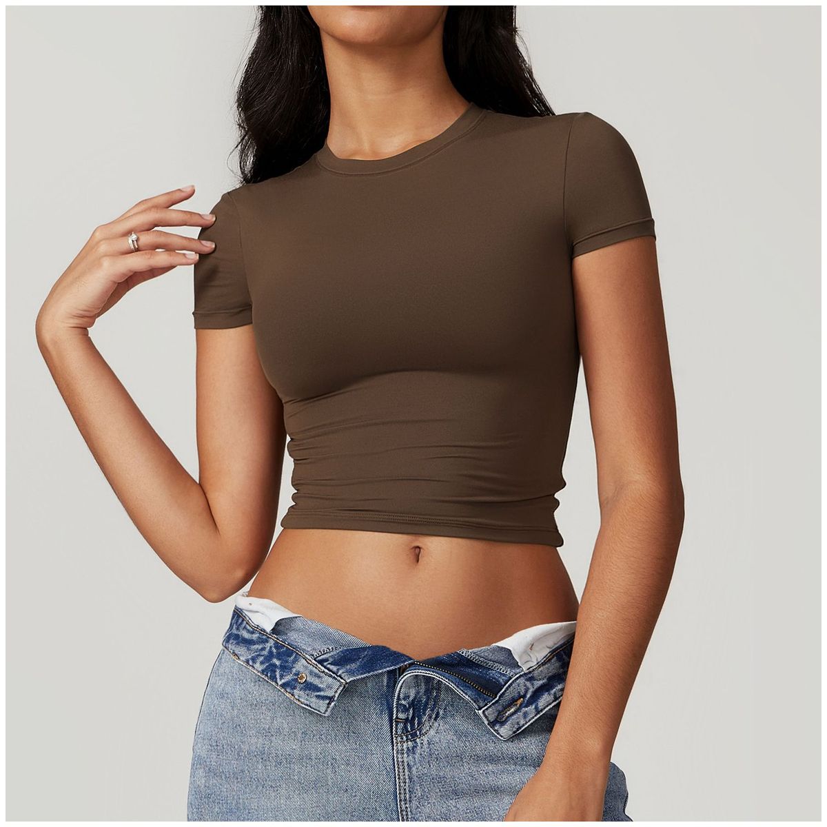 TIOZONEY - Camiseta deportiva de manga corta para mujer-Café
