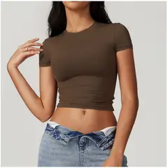 TIOZONEY - Camiseta deportiva de manga corta para mujer-Café