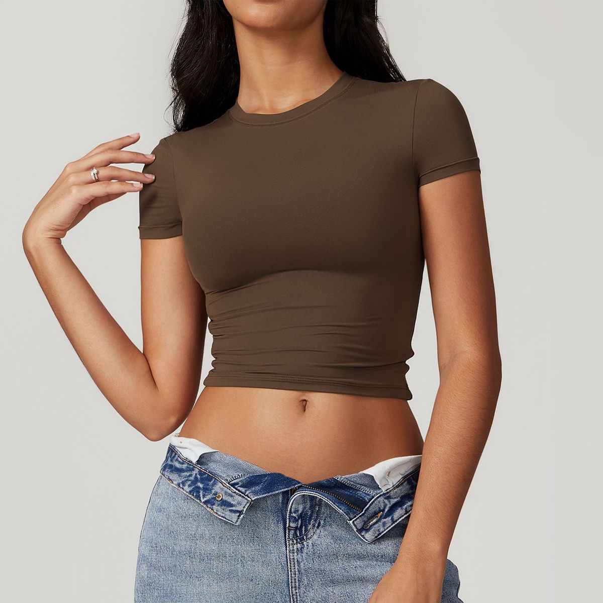 TIOZONEY - Camiseta deportiva de manga corta para mujer-Café