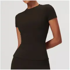 TIOZONEY - Camiseta deportiva de manga corta para mujer-Café