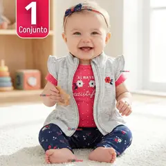 JUMP KIDS - Conjunto 3 Piezas Buzo Pantalón Polerón Body De Algodón Rosado Flores Bebé Niña