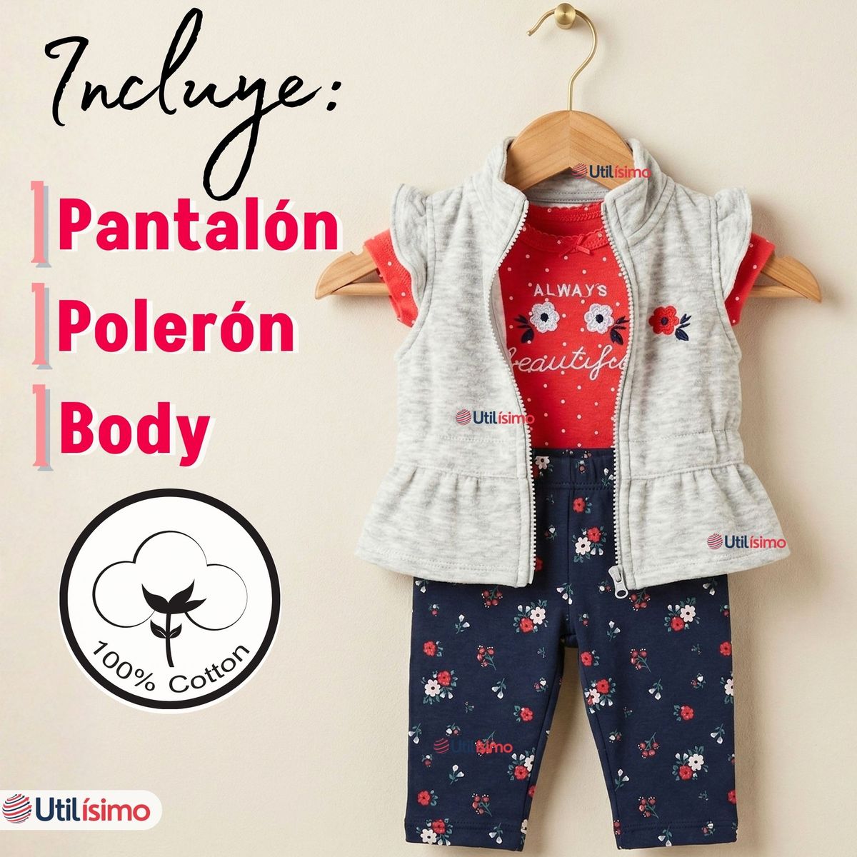 JUMP KIDS - Conjunto 3 Piezas Buzo Pantalón Polerón Body De Algodón Rosado Flores Bebé Niña