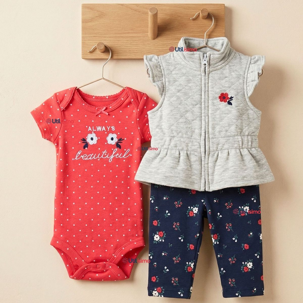 JUMP KIDS - Conjunto 3 Piezas Buzo Pantalón Polerón Body De Algodón Rosado Flores Bebé Niña