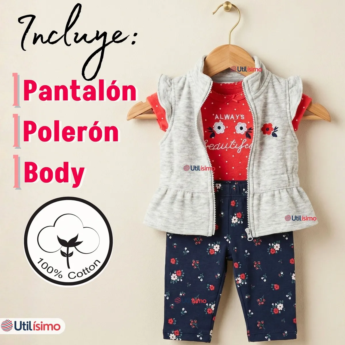 JUMP KIDS - Conjunto 3 Piezas Buzo Pantalón Polerón Body De Algodón Rosado Flores Bebé Niña