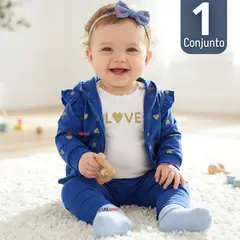 JUMP KIDS - Conjunto 3 Piezas Buzo Pantalón Polerón Body De Algodón Azul Corazones Bebé Niña