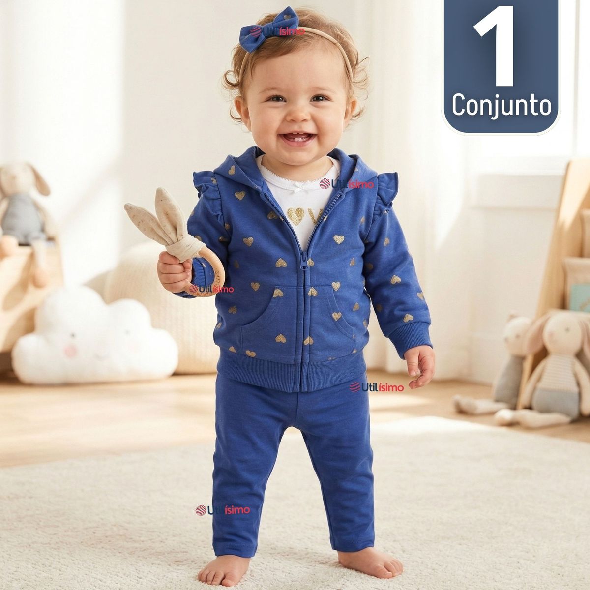JUMP KIDS - Conjunto 3 Piezas Buzo Pantalón Polerón Body De Algodón Azul Corazones Bebé Niña