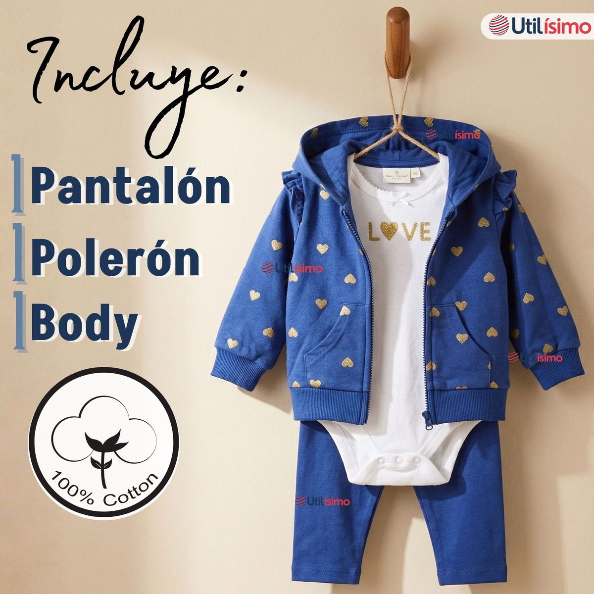 JUMP KIDS - Conjunto 3 Piezas Buzo Pantalón Polerón Body De Algodón Azul Corazones Bebé Niña