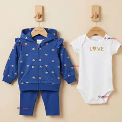 JUMP KIDS - Conjunto 3 Piezas Buzo Pantalón Polerón Body De Algodón Azul Corazones Bebé Niña