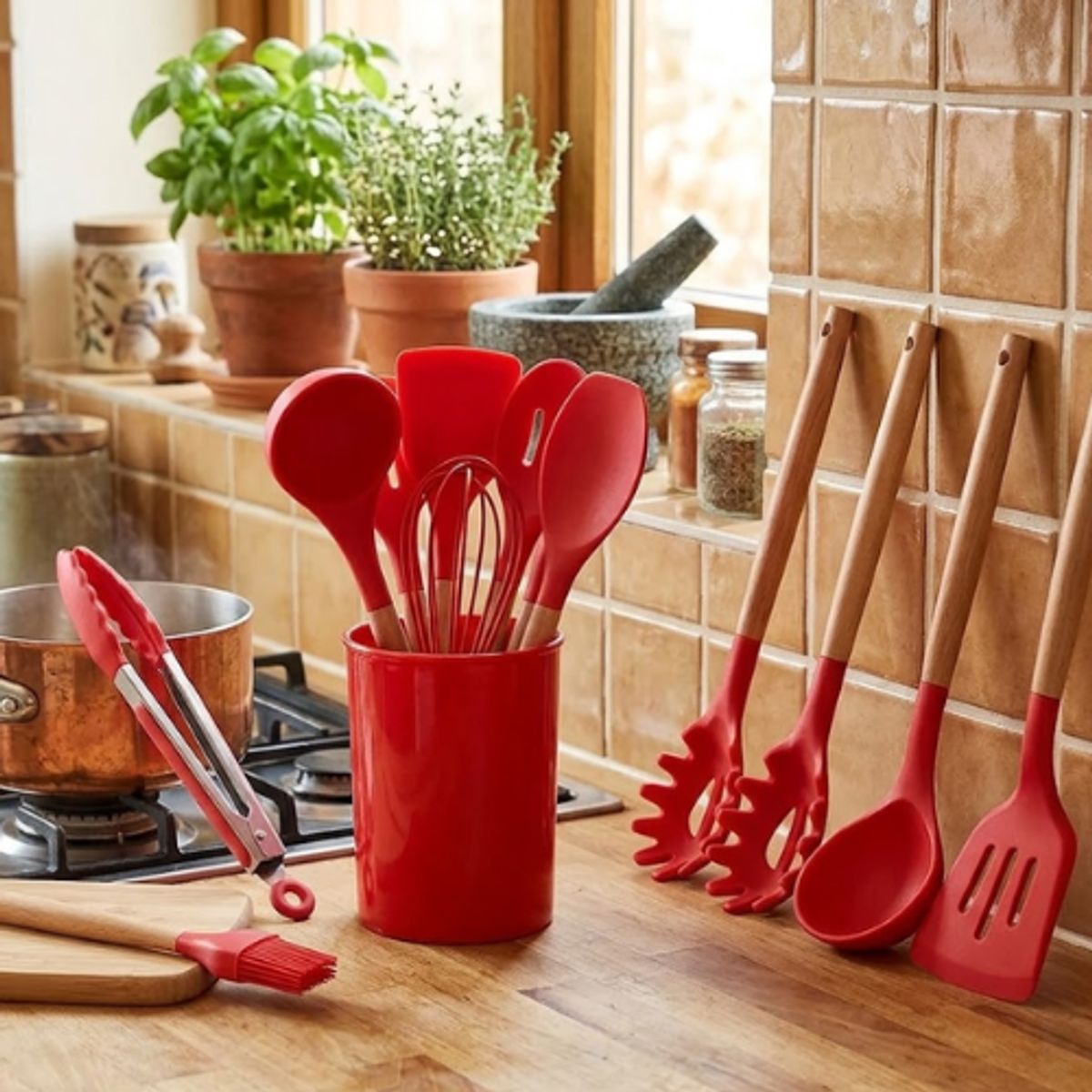 GENERICO - Set Utensilios De Cocina De Silicon 12 pz Rojo