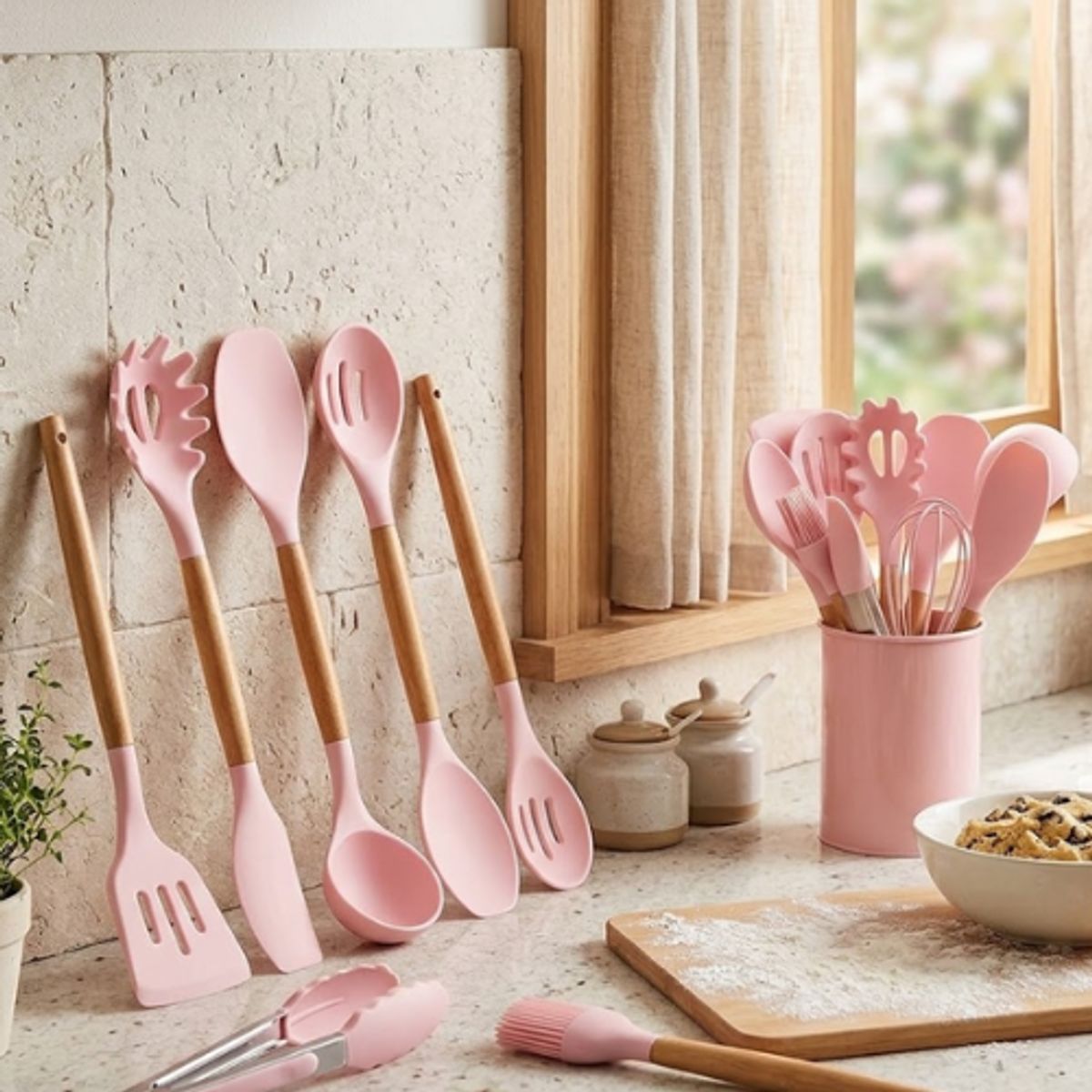 GENERICO - Set Utensilios De Cocina De Silicon 12 pz Rosa