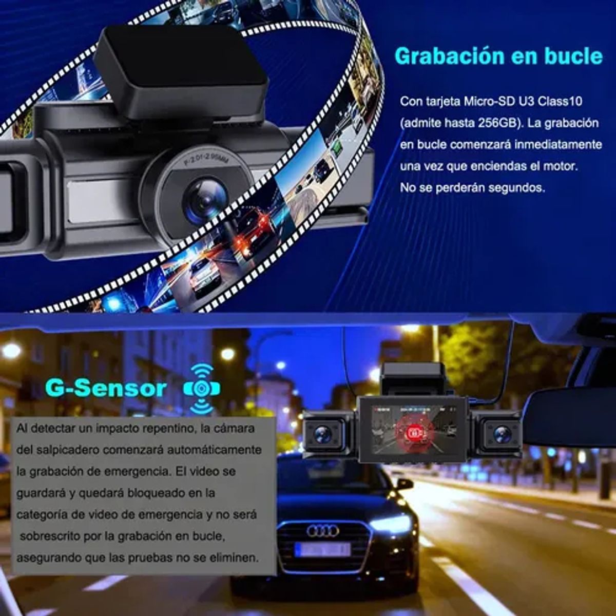 EVERSO - Cámara Para Auto Seguridad 4k Con 4 Cámaras Visión Nnocturna Negro