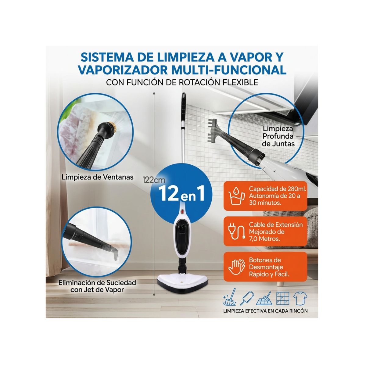 GENERICO - Limpiador A Vapor 12 En 1 Elimina 99,9% - 1300w De Potencia