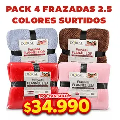 DORAL - PACK DE 4 Frazadas Térmica 2.5 Plazas COLORES SURTIDOS